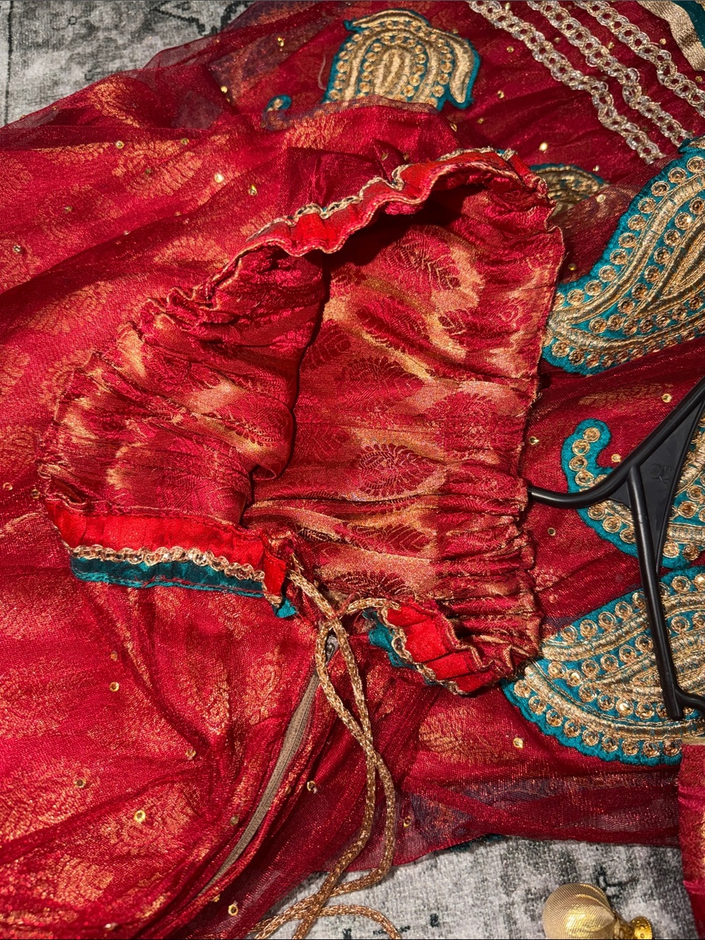 Red and Gold Embroidered Indian Lehenga Set with Teal Accents - Picture 4 of 4